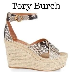 New Tory Burch Selby Snakeskin Embossed Leather Espadrille Wedge Sandals Size 10